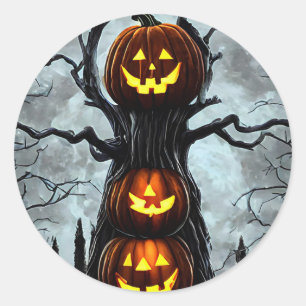 Sticker Rond éffrayant lanterne citrouille arbre imaginaire art