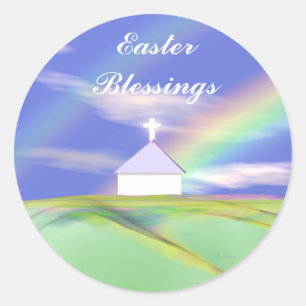 Sticker Rond Église de Pâques et Arc en ciel