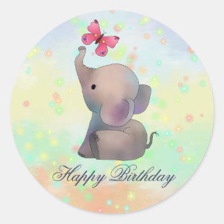 Sticker Rond Elefant mit rosa Schmetterling