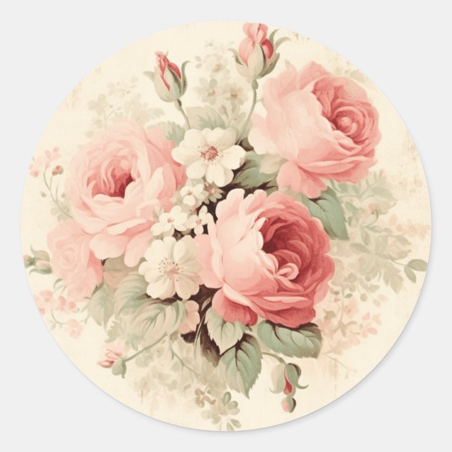 Sticker Rond Élégance de l'âge, Rose Pêche dans le style Shabby (Devant)