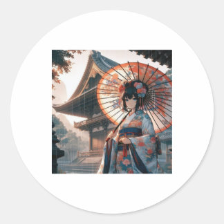 Sticker Rond Élégance Japonaise Traditionnelle Sous La Pluie Au
