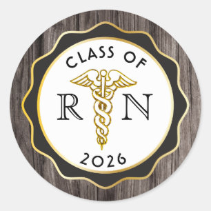 Sticker Rond Élégance rustique RN Caducée Noir   Bois doré