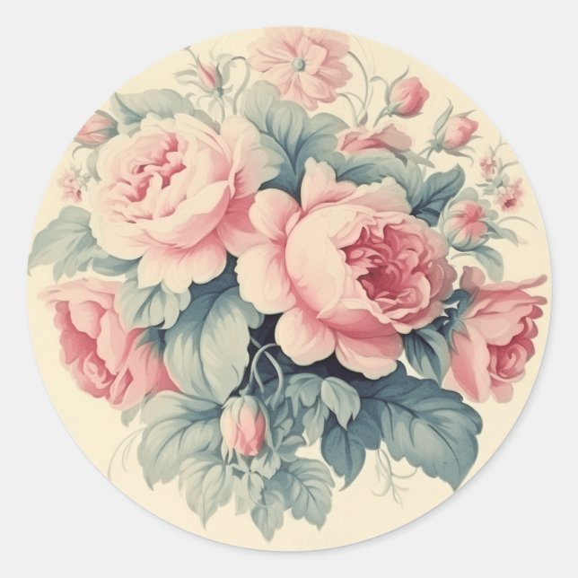 Sticker Rond Élégance Usée, Rose Shabby Chic (Devant)