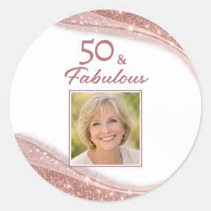 Sticker Rond Elégant 50 & Fabuleux Rose Gold Photo Anniversaire