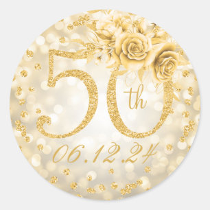 Sticker Rond Élégant 50e anniversaire Glam Lights Gold