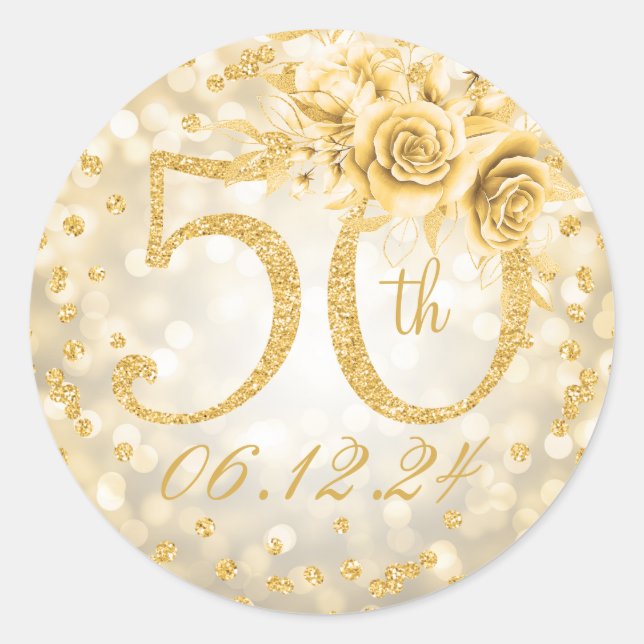Sticker Rond Élégant 50e anniversaire Glam Lights Gold (Devant)