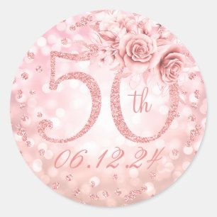 Sticker Rond Élégant 50e anniversaire Glam Lights Rose Gold