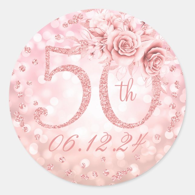 Sticker Rond Élégant 50e anniversaire Glam Lights Rose Gold (Devant)