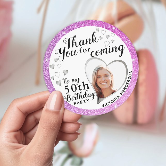 Sticker Rond Élégant 50e anniversaire violet rose Favor Merci (Personalized 50th Birthday Purple and Pink Favor Thank You Sticker)