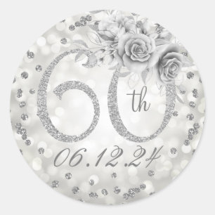Sticker Rond Élégant 60e anniversaire de fête Glam Lights Argen