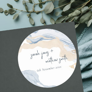 Sticker Rond Elégant Abstrait Bleu Beige Côte Plage Mariage