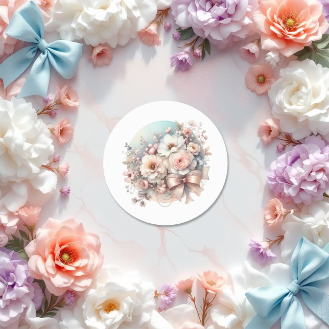 Sticker Rond Élégant amour Fancy Fête des mariées florale (Elegant Love Fancy Floral Bridal Shower Classic Round Sticker++)