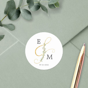 Sticker Rond Elégant Ampersand de verdure Monogram Mariage