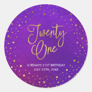 Sticker Rond Élégant Anniversaire des 21 ans à l'aquarelle viol