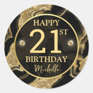 Sticker Rond Élégant Anniversaire Paillettes Noir et Or Agate