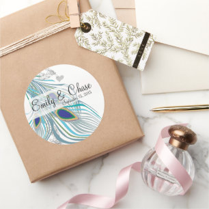 Sticker Rond Elégant Aqua Grey 3 Peacock Feaths Mariage