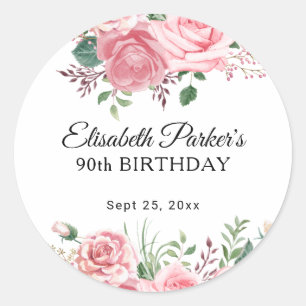 Sticker Rond Élégant aquarelle fleurs roses cadeau 90ème annive