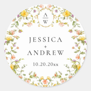 Sticker Rond Elégant Aquarelle Fleurs sauvages Mariage