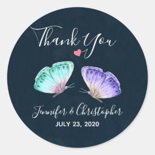 Sticker Rond Elégant Aquarelle Papillon Duo Mariage Merci