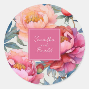 Sticker Rond Elégant Aquarelle Peony Flowers Mariage