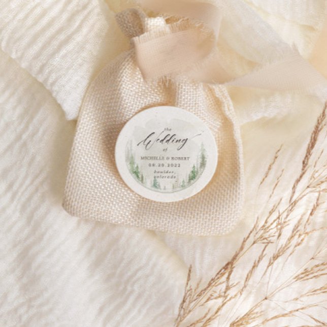 Sticker Rond Elégant Aquarelle Rustique Pins Arbres (Créateur téléchargé)