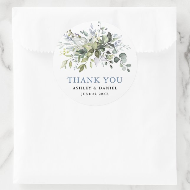 Sticker Rond Elégant Aquarelle Verdure Dusty Blue Mariage (Sac)