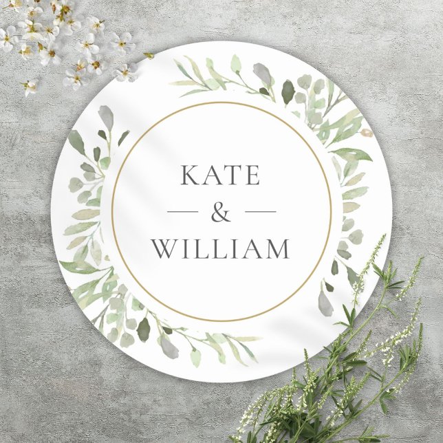 Sticker Rond Elégant Aquarelle Verdure Mariage Gold Favoriser (Elegant Watercolor Greenery Wedding Gold Favor Classic Round Sticker)