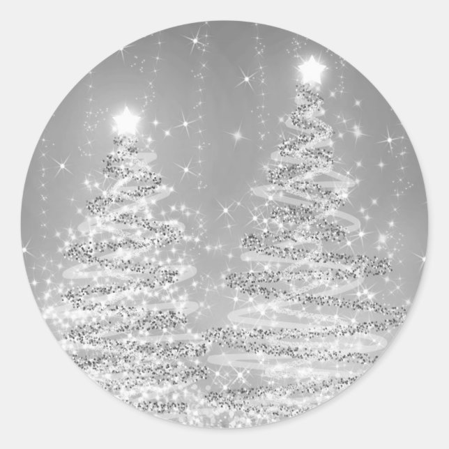 Sticker Rond Élégant Arbres Étincelants de Noël Argent (Devant)