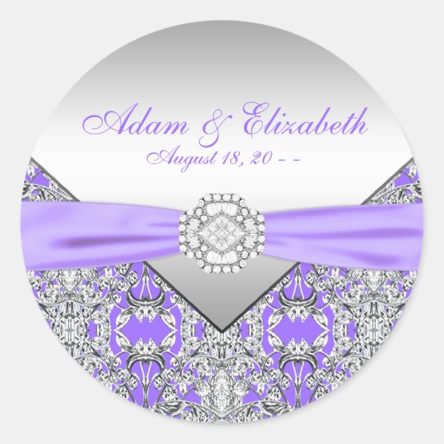 Sticker Rond Elégant Argent et Lavande violet Mariage (Devant)