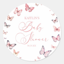 Sticker Rond Élégant Baby shower à papillon rose doux