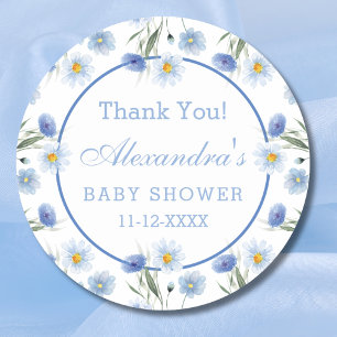 Sticker Rond Elégant Baby shower bleu Floral Boho Merci