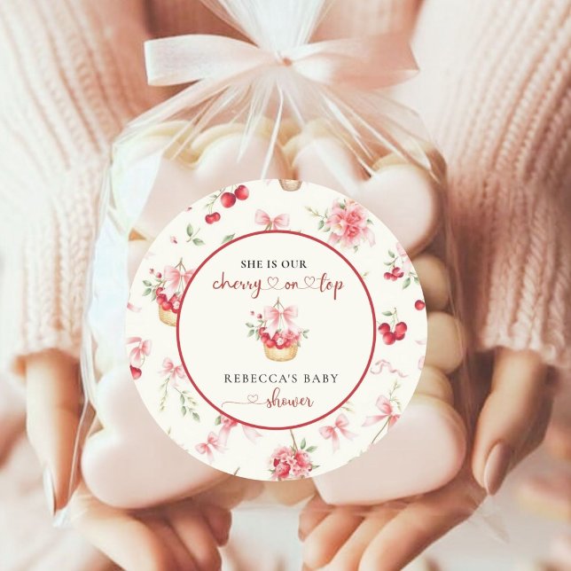 Sticker Rond Elégant Baby shower Coquette Cerises d'Aquarelle (Créateur téléchargé)