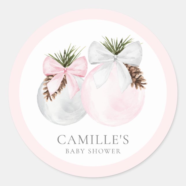 Sticker Rond Élégant Baby shower de fille rose Noël (Devant)