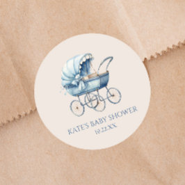 Sticker Rond Elégant Baby shower de transport Vintage bébé bleu