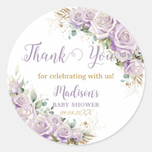 Sticker Rond Élégant Baby Shower Fleurs de Lilas Roses Violette