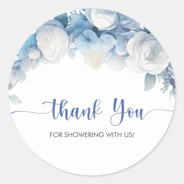 Sticker Rond Elégant Baby shower Floral bleu Dusty Merci (Devant)