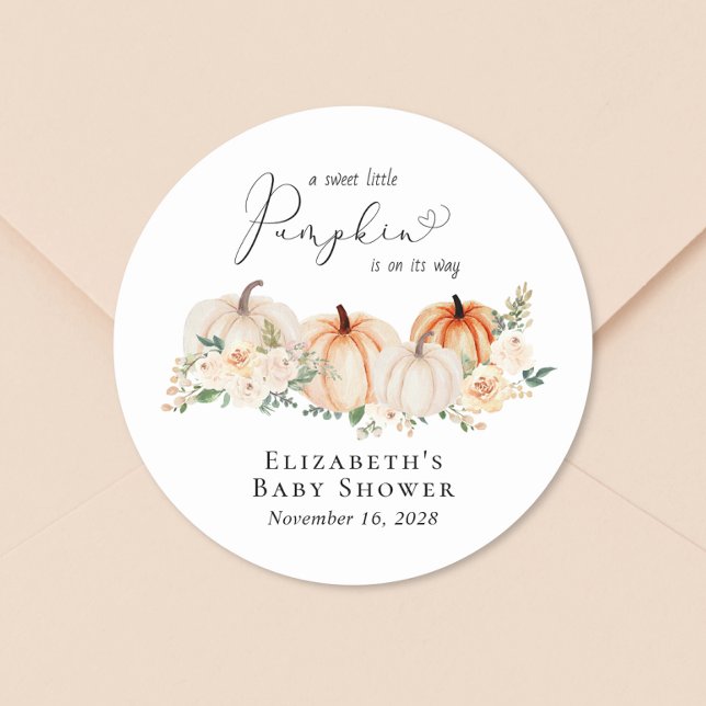 Sticker Rond Élégant Baby shower Floral Citrouille (Créateur téléchargé)