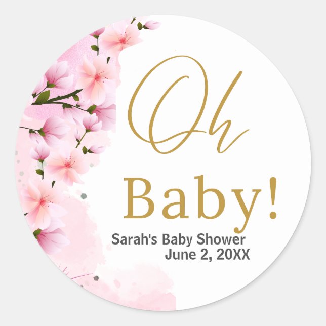 Sticker Rond Élégant Baby shower Floral Or (Devant)