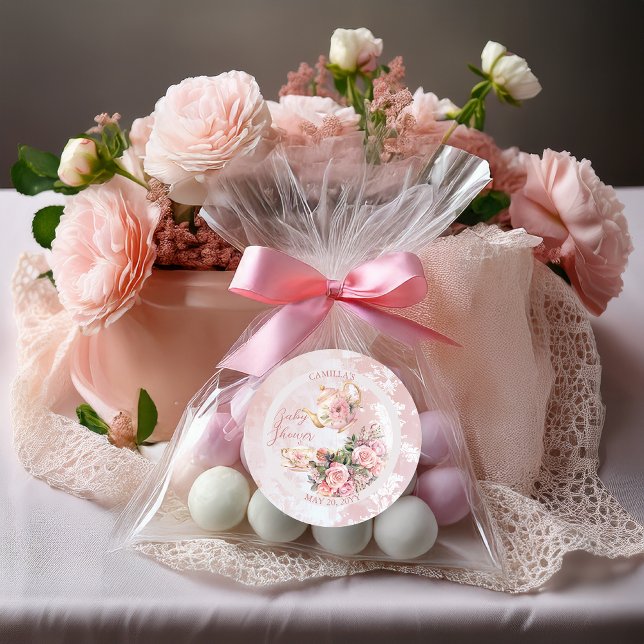 Sticker Rond Élégant Baby shower Floral Rose High Tea Girl (Elegant Pink Roses Floral High Tea Teapot and Teacup Girl Baby Shower Favor Stickers)