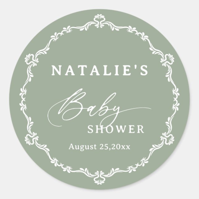 Sticker Rond Élégant Baby shower vert Sage Script (Devant)