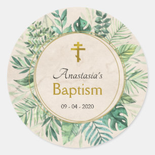 Sticker Rond Élégant Baptême chrétien orthodoxe Feuille classiq