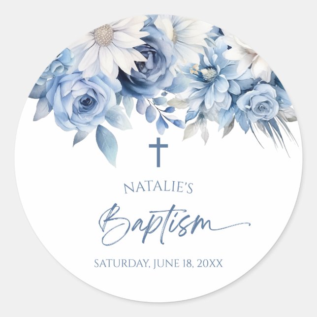 Sticker Rond Élégant Baptême Floral Bleu Dusty (Devant)