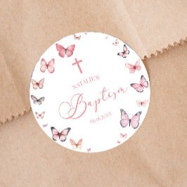 Sticker Rond Élégant Baptême Papillon rose doux