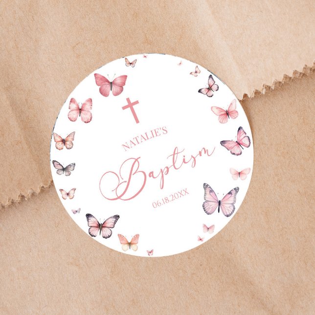 Sticker Rond Élégant Baptême Papillon rose doux (Créateur téléchargé)