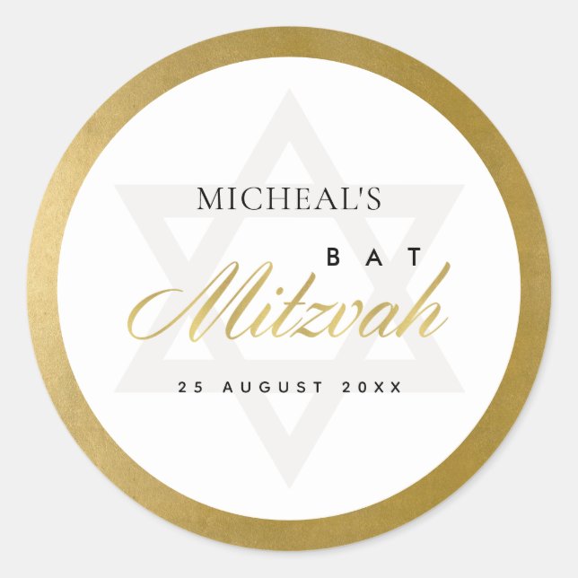 STICKER ROND ÉLÉGANT BAT MITZVAH SIMPLE DE BARRE D'OR FAUX PROP (Devant)