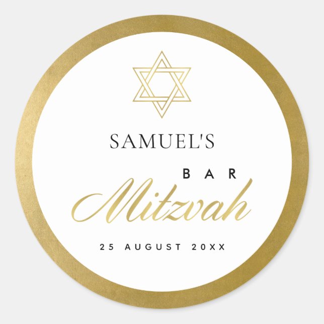 STICKER ROND ÉLÉGANT BAT MITZVAH SIMPLE ÉTOILE D'OR ÉTOILE NETT (Devant)