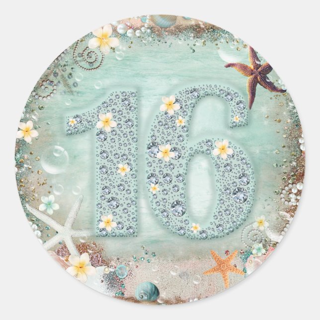 Sticker Rond Elégant Beach Sea Starfish & Pearls Diamond 16 (Devant)