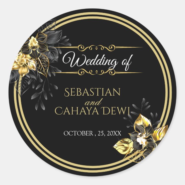 Sticker Rond Elegant black and gold summer wedding (Devant)