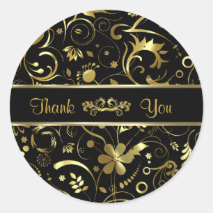 Sticker Rond Elégant Black & Gold Foil Look Floral Damas