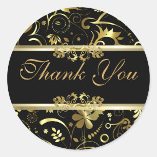Sticker Rond Elégant Black & Gold Foil Look Floral Damas